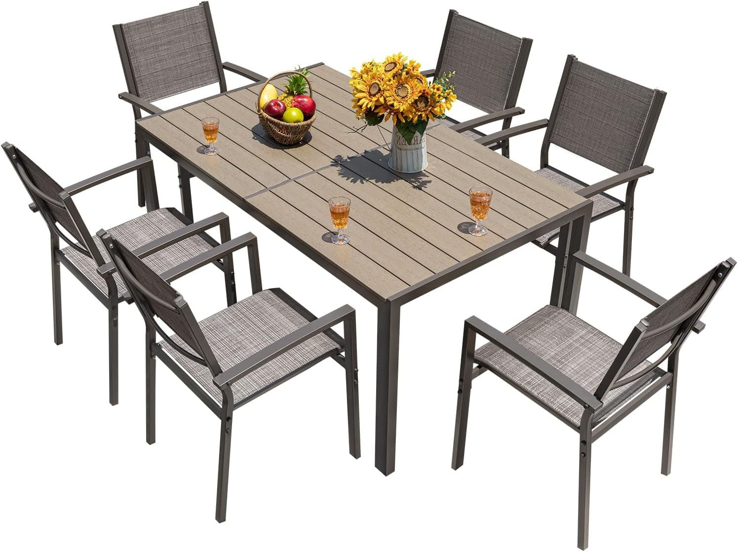 Homall Patio Dining Set 7 Pieces Outdoor Furniture Table and 6 Textilene Chairs, Light Grey - CookCave