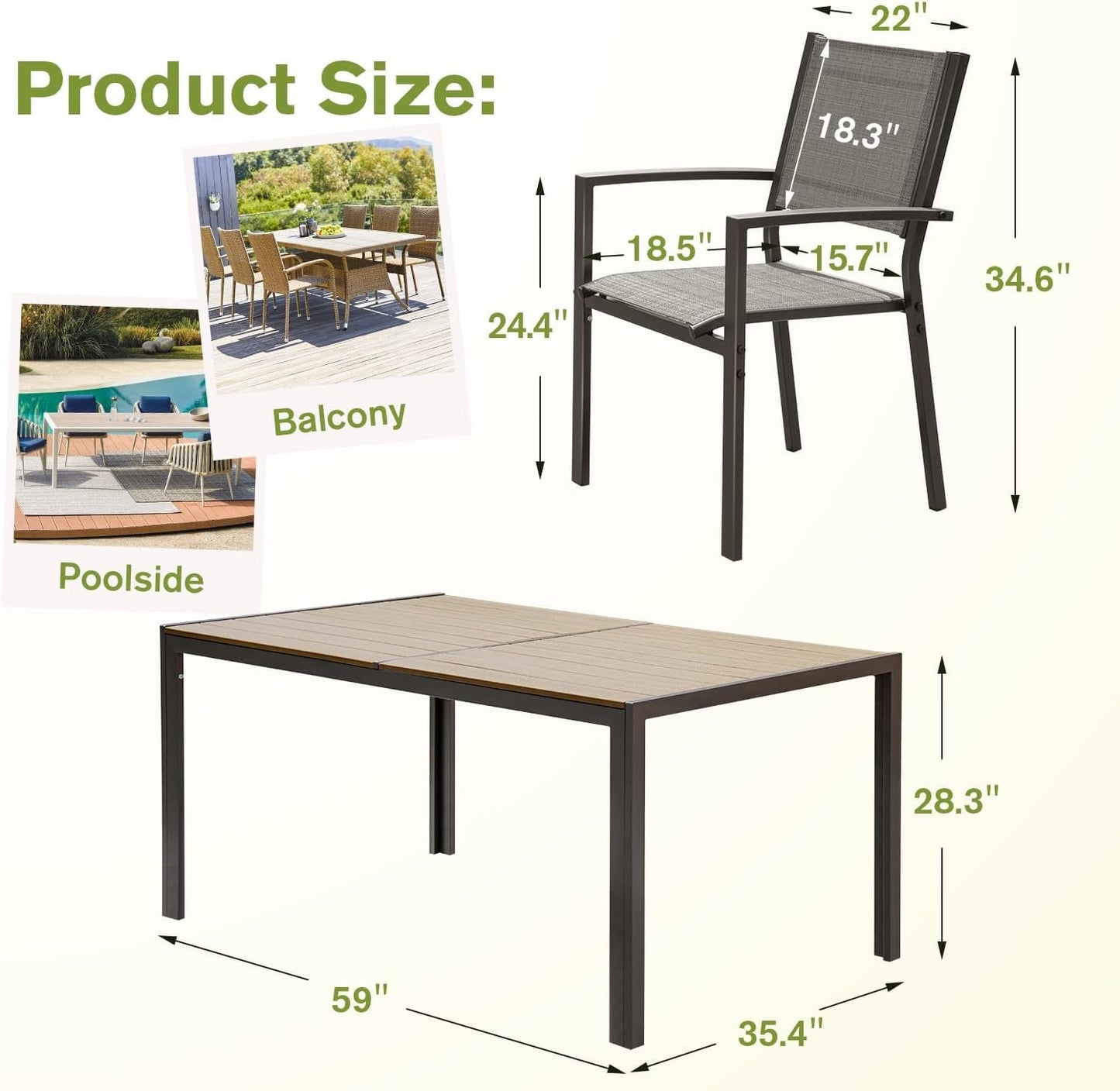 Homall Patio Dining Set 7 Pieces Outdoor Furniture Table and 6 Textilene Chairs, Light Grey - CookCave