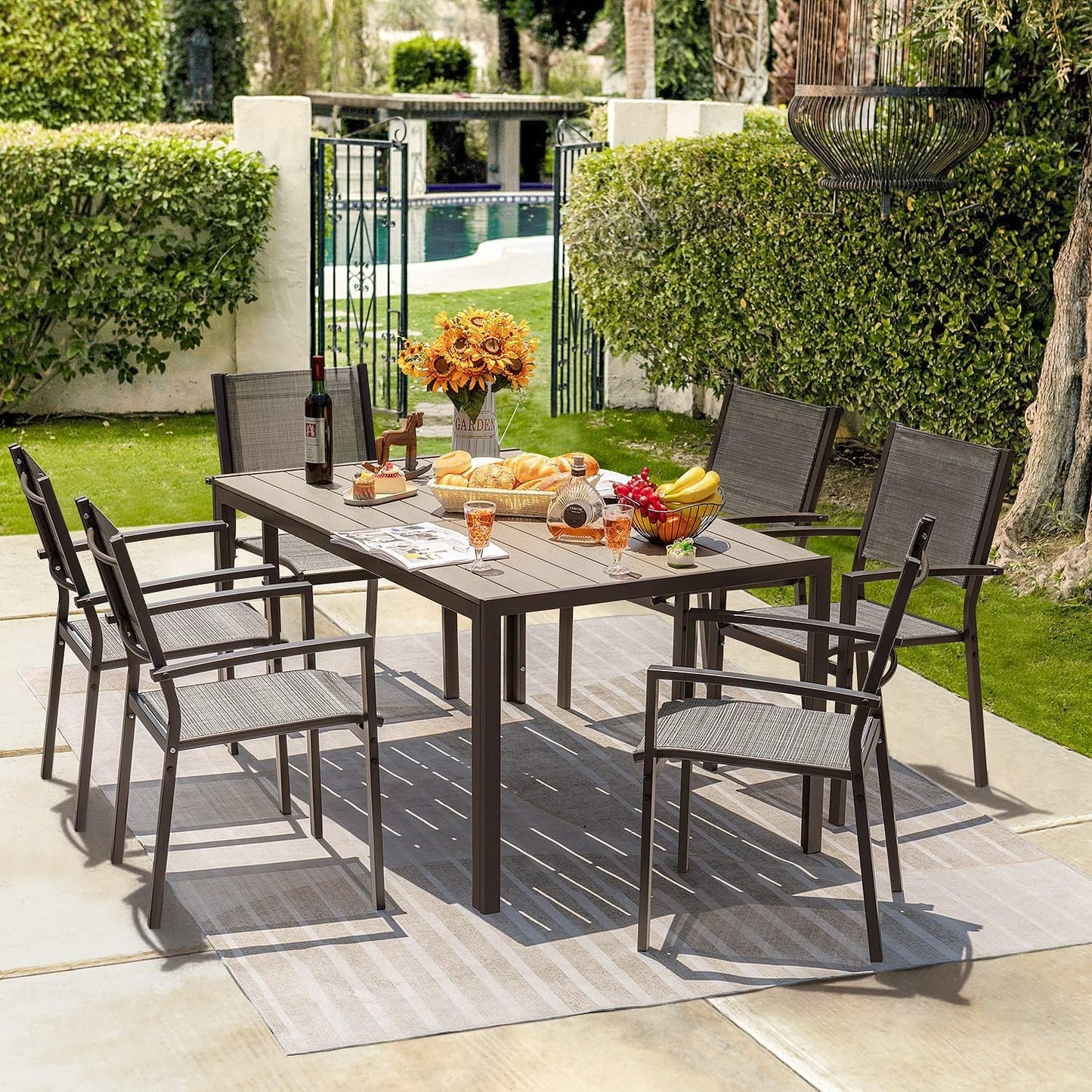 Homall Patio Dining Set 7 Pieces Outdoor Furniture Table and 6 Textilene Chairs, Light Grey - CookCave