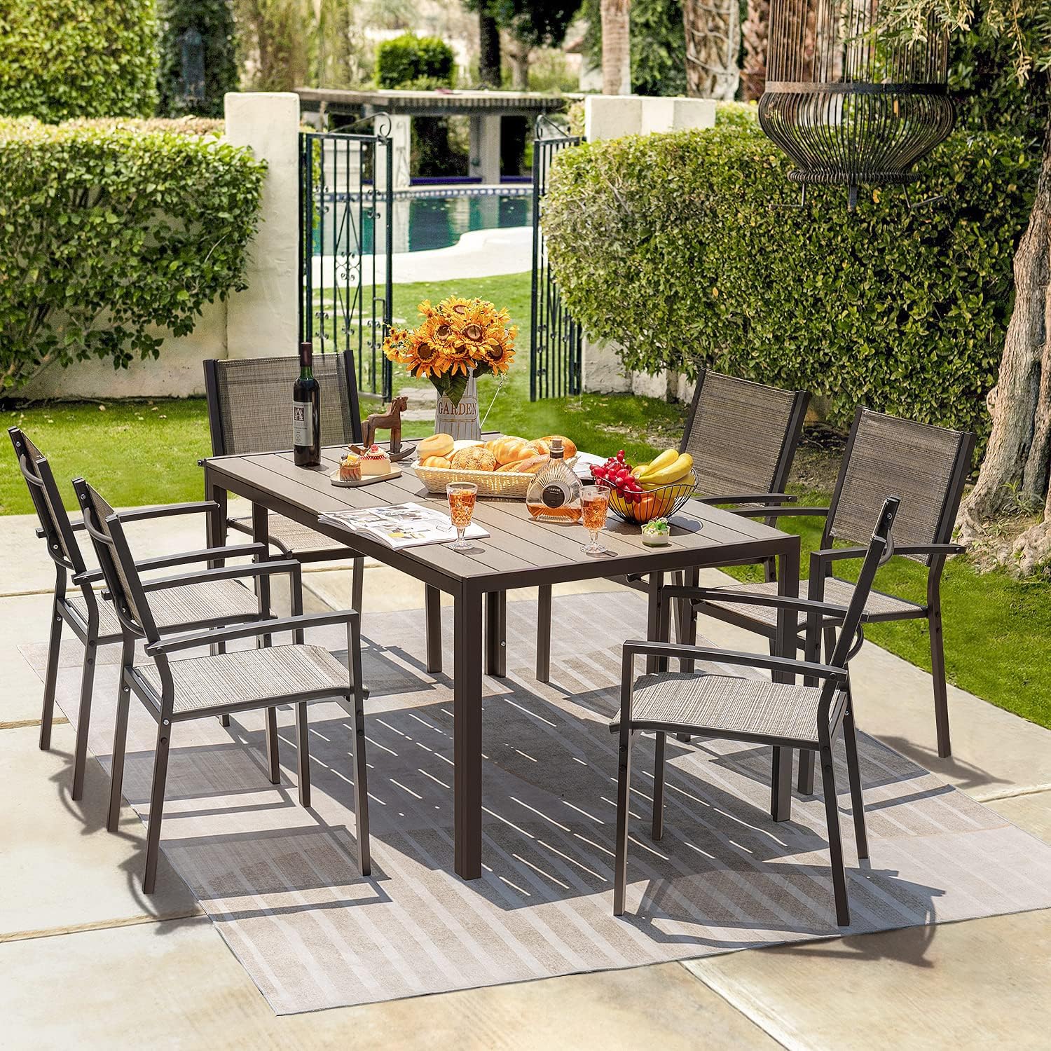 Homall Patio Dining Set 7 Pieces Outdoor Furniture with Large Table and 6 Textilene Chairs for Porch, Brown - CookCave
