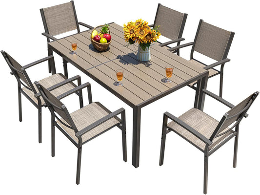 Homall Patio Dining Set 7 Pieces Outdoor Furniture with Large Table and 6 Textilene Chairs for Porch, Brown - CookCave