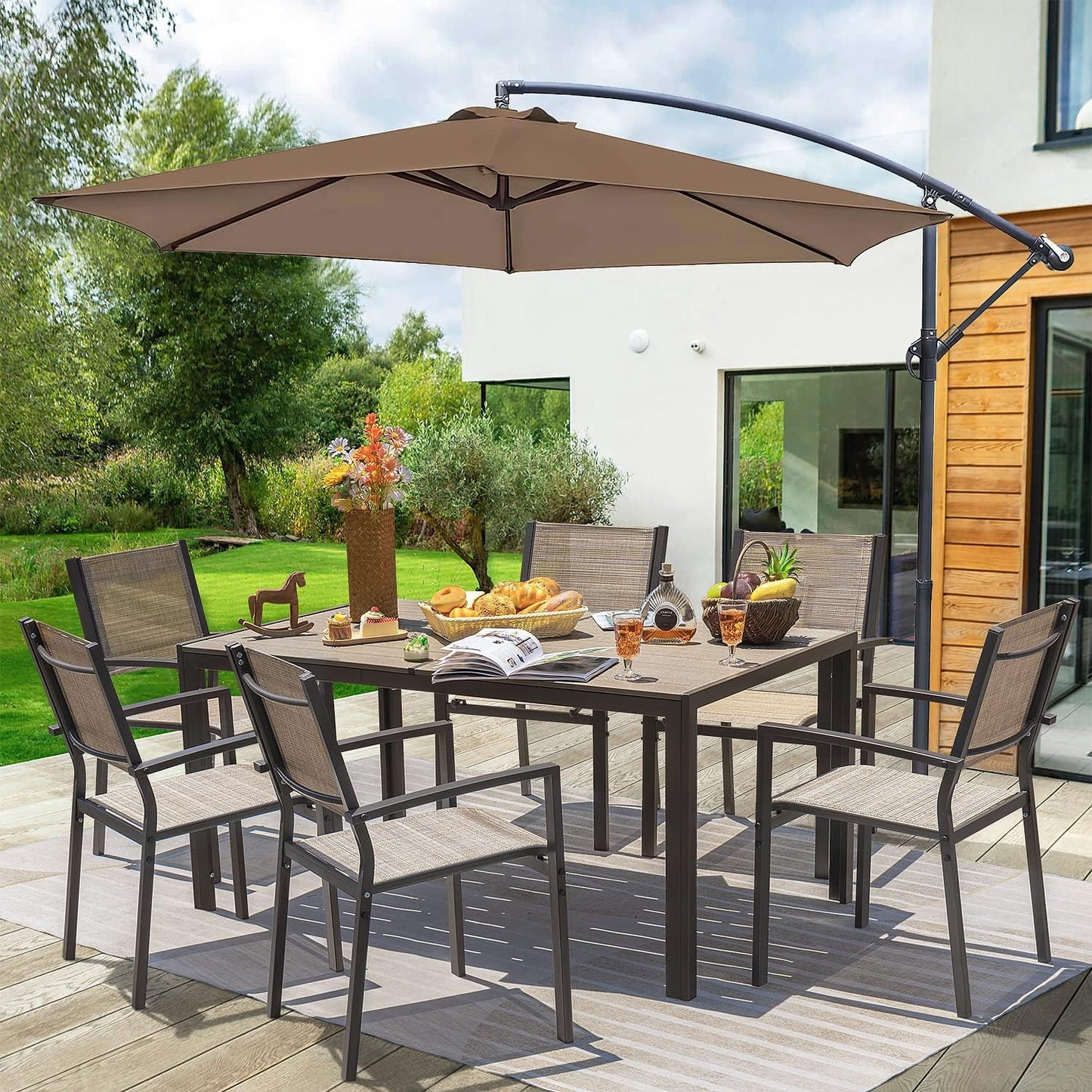 Homall Patio Dining Set 7 Pieces Outdoor Furniture with Large Table and 6 Textilene Chairs for Porch, Brown - CookCave