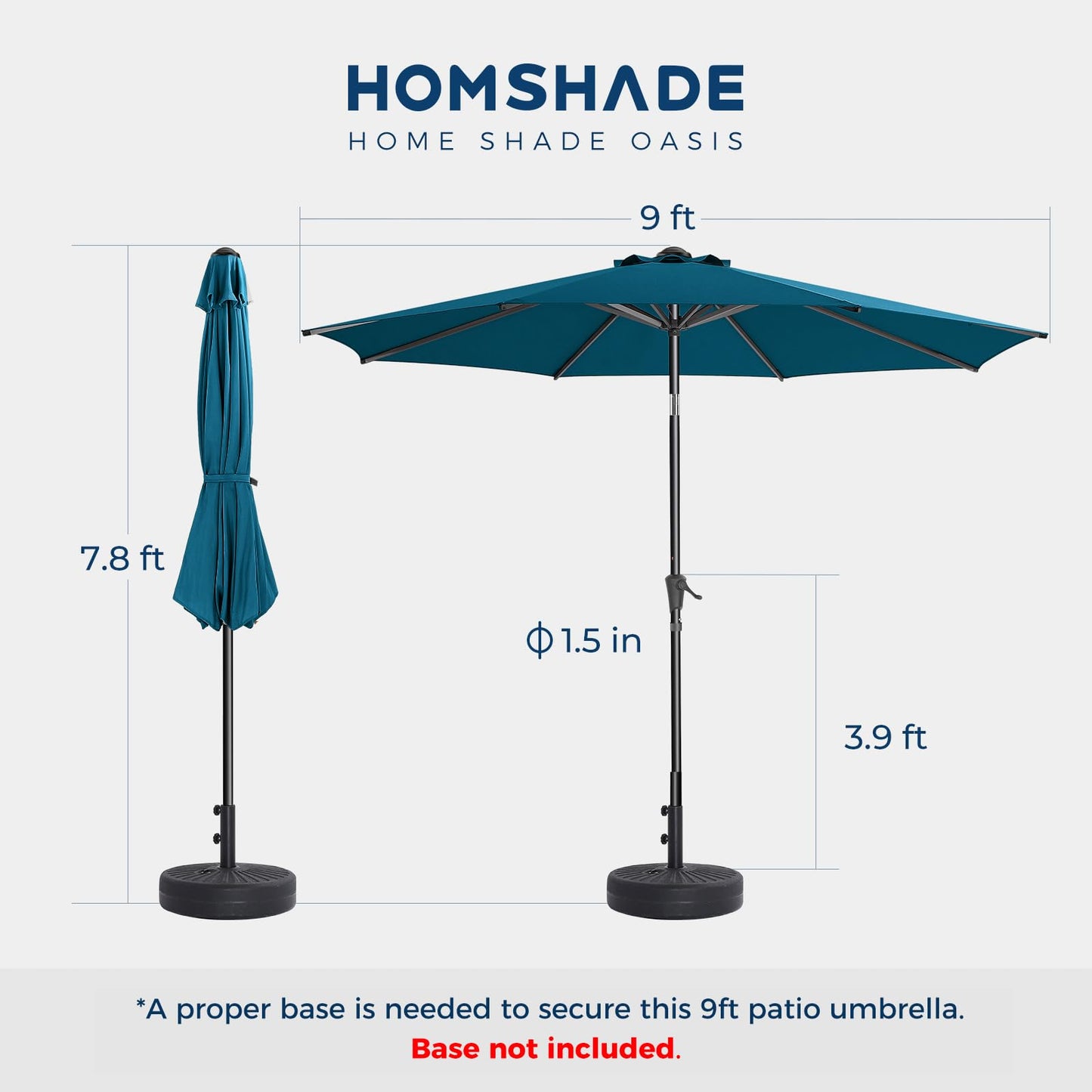 HOMSHADE 9ft Outdoor Patio Umbrella - Market Table Pool Deck Umbrella UPF50+ UV Protection with Push Button Tilt, Crank and 8 Sturdy Ribs (Peacock Blue, No base) - CookCave