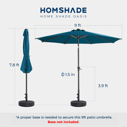 HOMSHADE 9ft Outdoor Patio Umbrella - Market Table Pool Deck Umbrella UPF50+ UV Protection with Push Button Tilt, Crank and 8 Sturdy Ribs (Peacock Blue, No base) - CookCave
