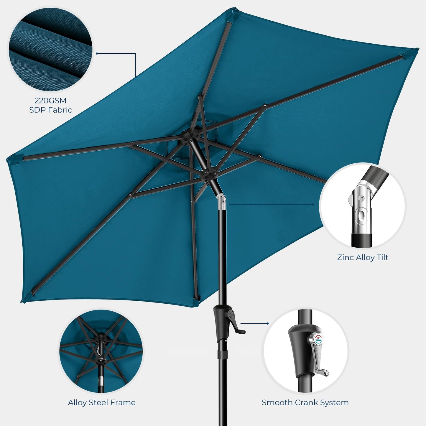 HOMSHADE 9ft Outdoor Patio Umbrella - Market Table Pool Deck Umbrella UPF50+ UV Protection with Push Button Tilt, Crank and 8 Sturdy Ribs (Peacock Blue, No base) - CookCave