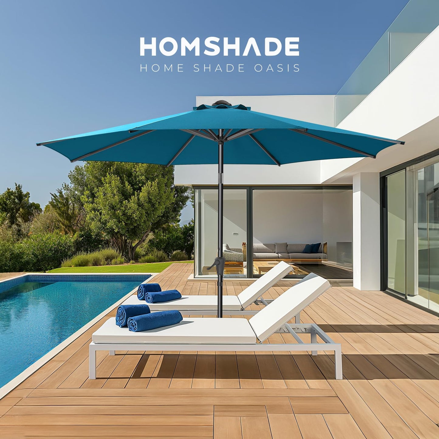 HOMSHADE 9ft Outdoor Patio Umbrella - Market Table Pool Deck Umbrella UPF50+ UV Protection with Push Button Tilt, Crank and 8 Sturdy Ribs (Peacock Blue, No base) - CookCave