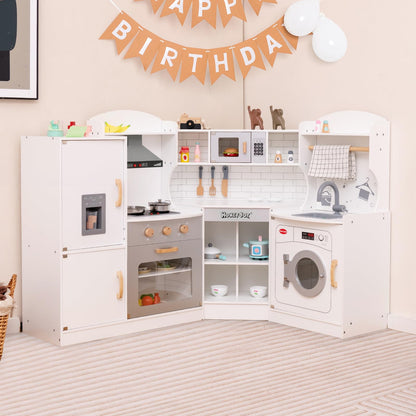 HONEY JOY Corner Kids Kitchen Playset, Ultimate Wooden Play Kitchen for Toddlers, Washing Machine, Ice Maker, Sink, Microwave, Little Chef Pretend Play Toy Kitchen Set, Gift for Boys Girls, White - CookCave