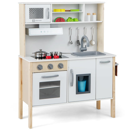 HONEY JOY Kids Kitchen Playset, Wooden Play Kitchen for Toddlers, Microwave, Range Hood, Ice Maker, 18 Cooking Accessories, Little Chef Pretend Play Toy Kitchen Set, Gift for Boys Girls, Natural - CookCave