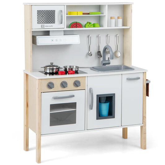 HONEY JOY Kids Kitchen Playset, Wooden Play Kitchen for Toddlers, Microwave, Range Hood, Ice Maker, 18 Cooking Accessories, Little Chef Pretend Play Toy Kitchen Set, Gift for Boys Girls, Natural - CookCave