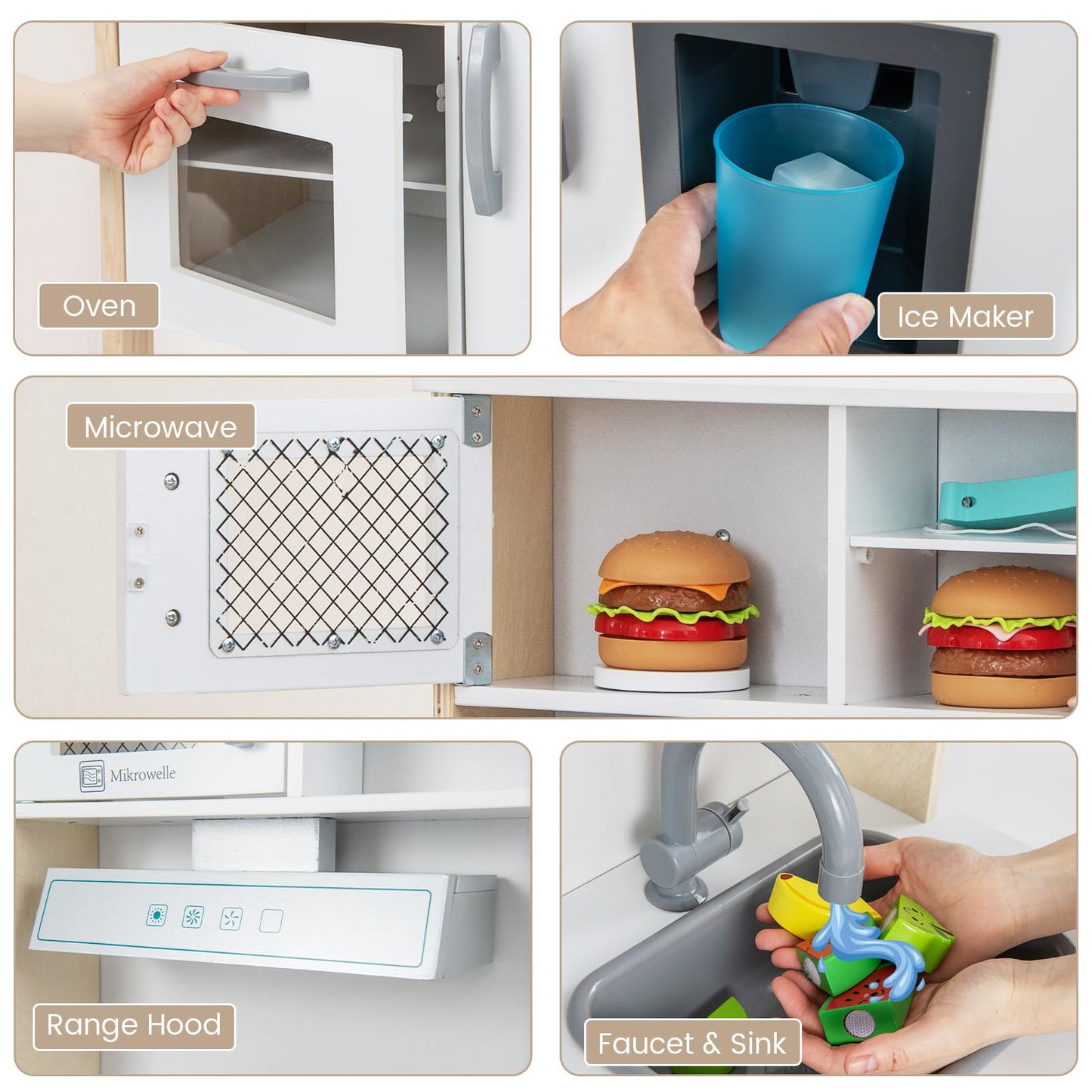 HONEY JOY Kids Kitchen Playset, Wooden Play Kitchen for Toddlers, Microwave, Range Hood, Ice Maker, 18 Cooking Accessories, Little Chef Pretend Play Toy Kitchen Set, Gift for Boys Girls, Natural - CookCave