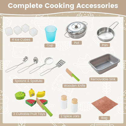 HONEY JOY Kids Kitchen Playset, Wooden Play Kitchen for Toddlers, Microwave, Range Hood, Ice Maker, 18 Cooking Accessories, Little Chef Pretend Play Toy Kitchen Set, Gift for Boys Girls, Natural - CookCave