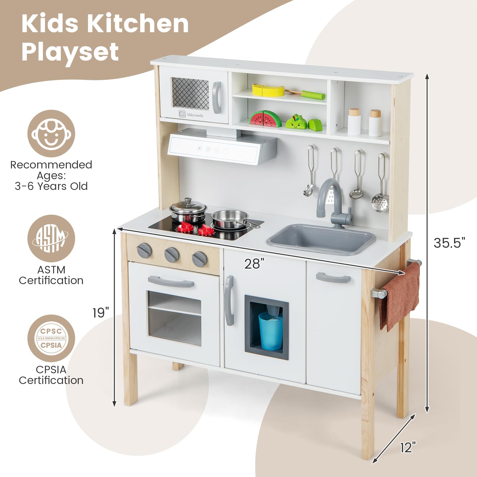 HONEY JOY Kids Kitchen Playset, Wooden Play Kitchen for Toddlers, Microwave, Range Hood, Ice Maker, 18 Cooking Accessories, Little Chef Pretend Play Toy Kitchen Set, Gift for Boys Girls, Natural - CookCave
