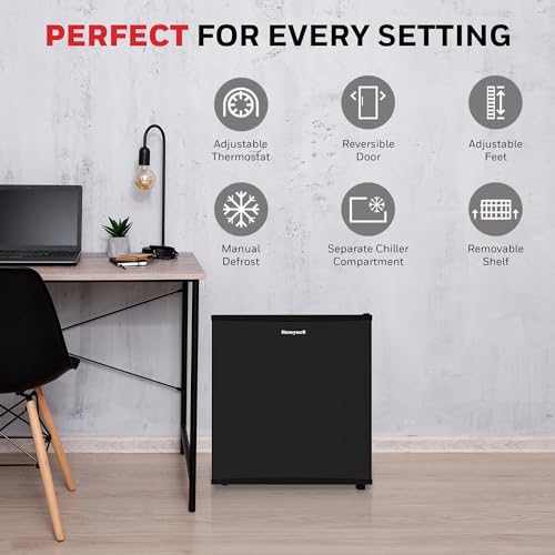 Honeywell Compact Refrigerator 1.6 Cu Ft Mini Fridge with Freezer, Single Door, Low noise, for Bedroom, Office, Dorm with Adjustable Temperature Settings, Black - CookCave