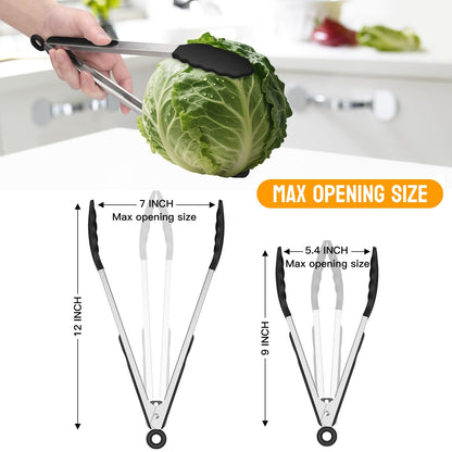 HOTEC Premium Stainless Steel Locking Kitchen Tongs with Silicon Tips, Set of 2-9" and 12" - CookCave