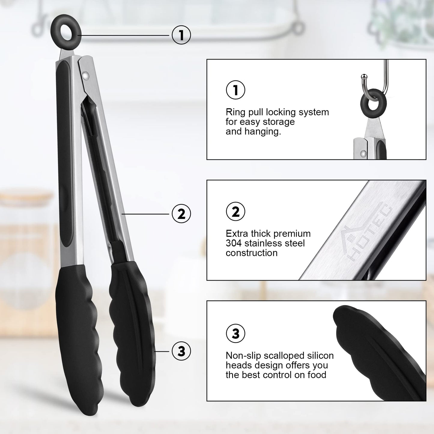 HOTEC Premium Stainless Steel Locking Kitchen Tongs with Silicon Tips, Set of 2-9" and 12" - CookCave