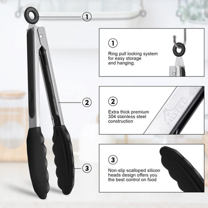HOTEC Premium Stainless Steel Locking Kitchen Tongs with Silicon Tips, Set of 2-9" and 12" - CookCave