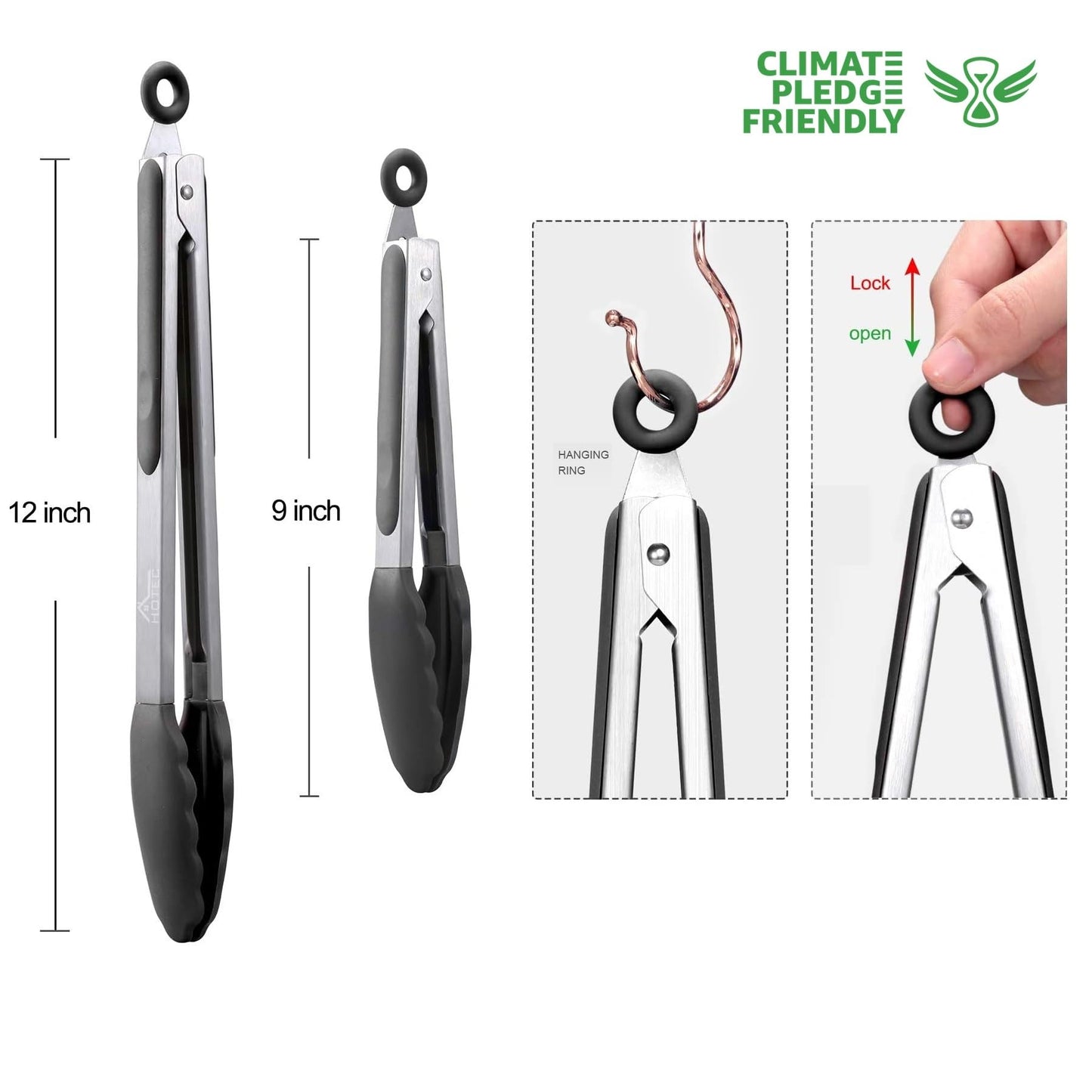HOTEC Premium Stainless Steel Locking Kitchen Tongs with Silicon Tips, Set of 2-9" and 12" - CookCave