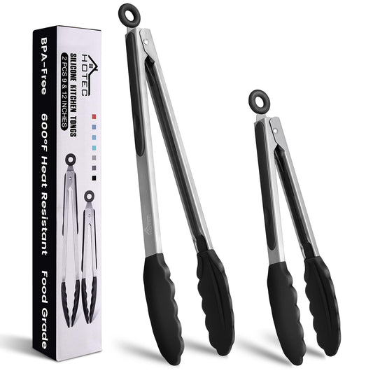 HOTEC Premium Stainless Steel Locking Kitchen Tongs with Silicon Tips, Set of 2-9" and 12" - CookCave