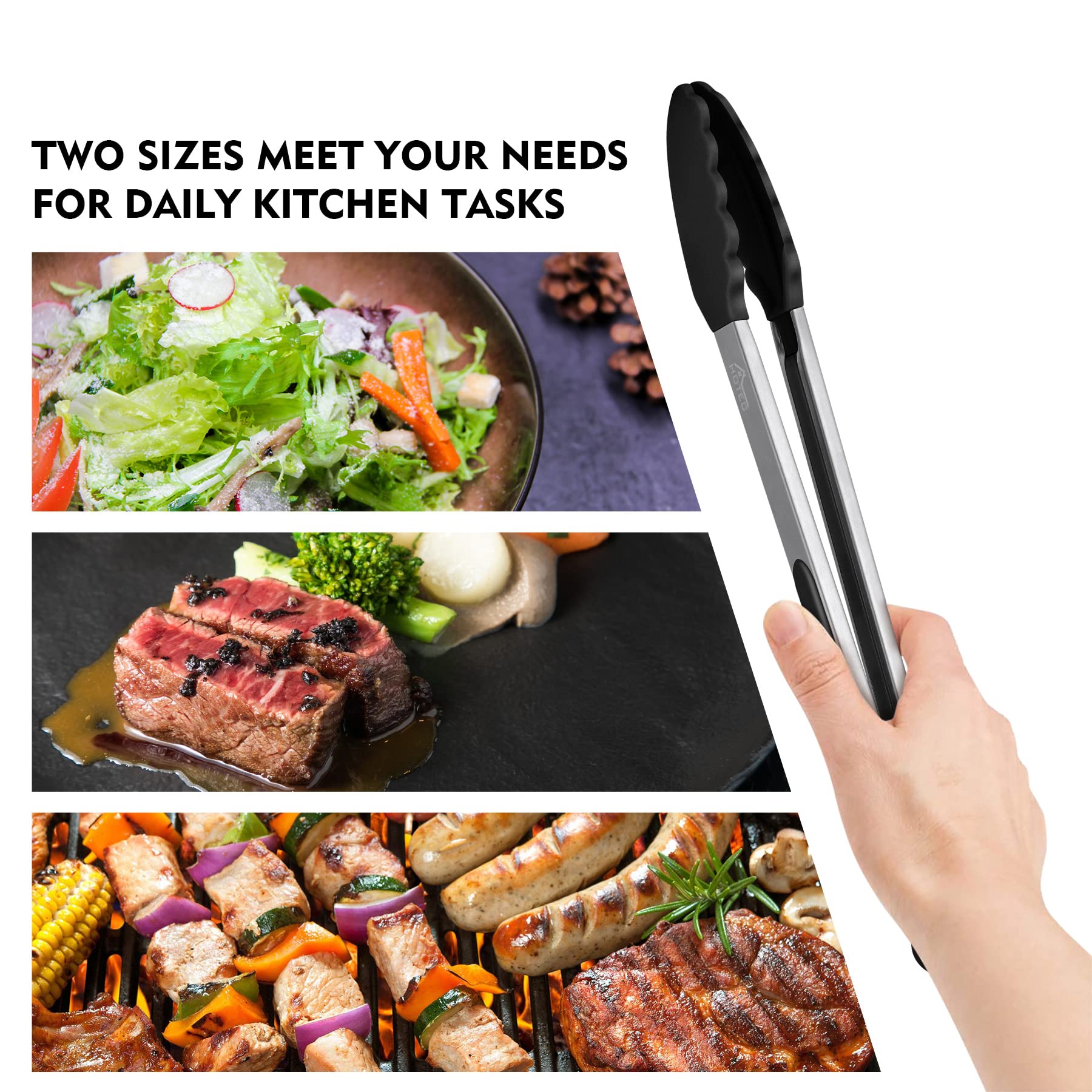 HOTEC Premium Stainless Steel Locking Kitchen Tongs with Silicon Tips, Set of 2-9" and 12" - CookCave