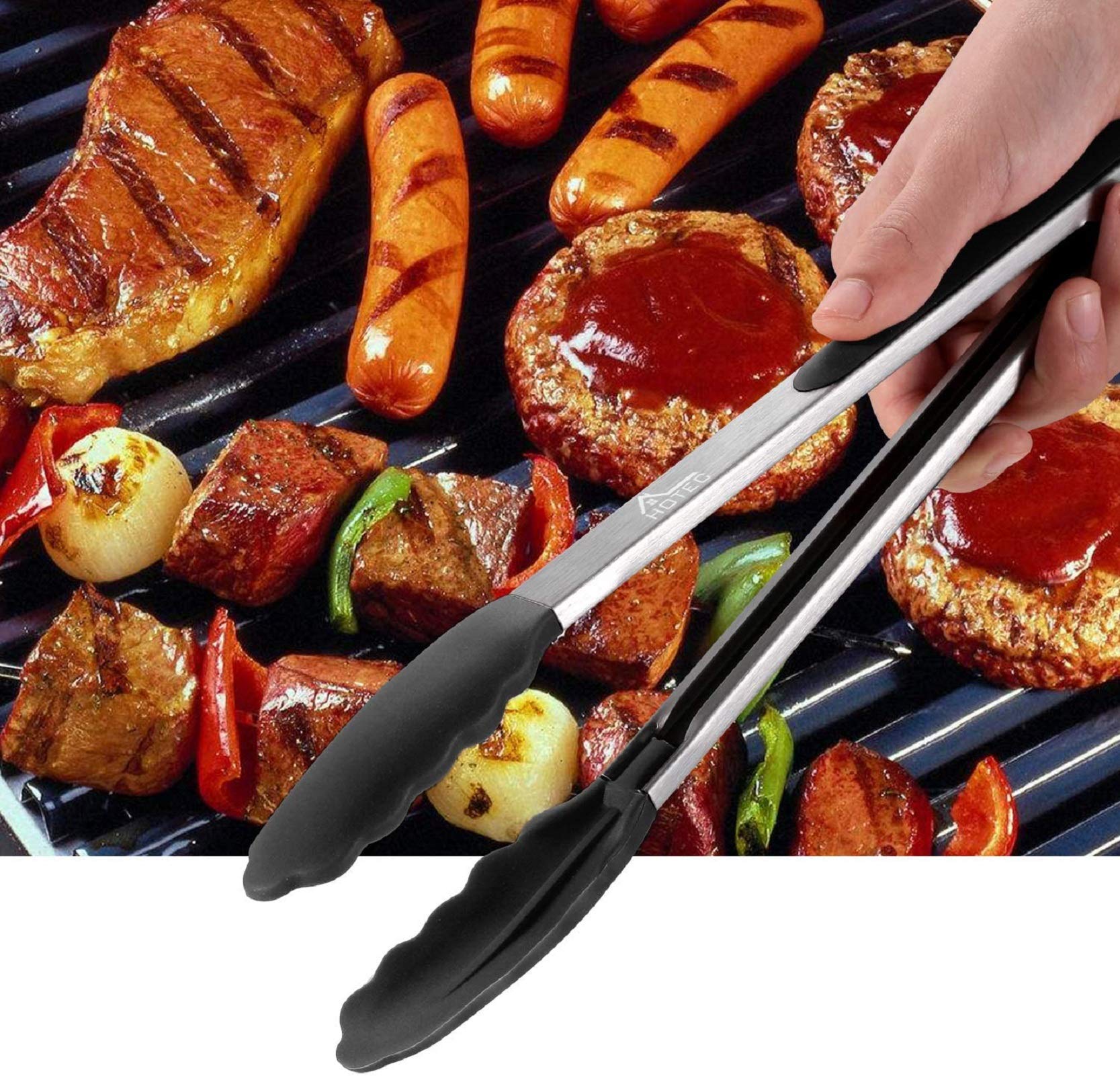 HOTEC Premium Stainless Steel Locking Kitchen Tongs with Silicon Tips, Set of 2-9" and 12" - CookCave