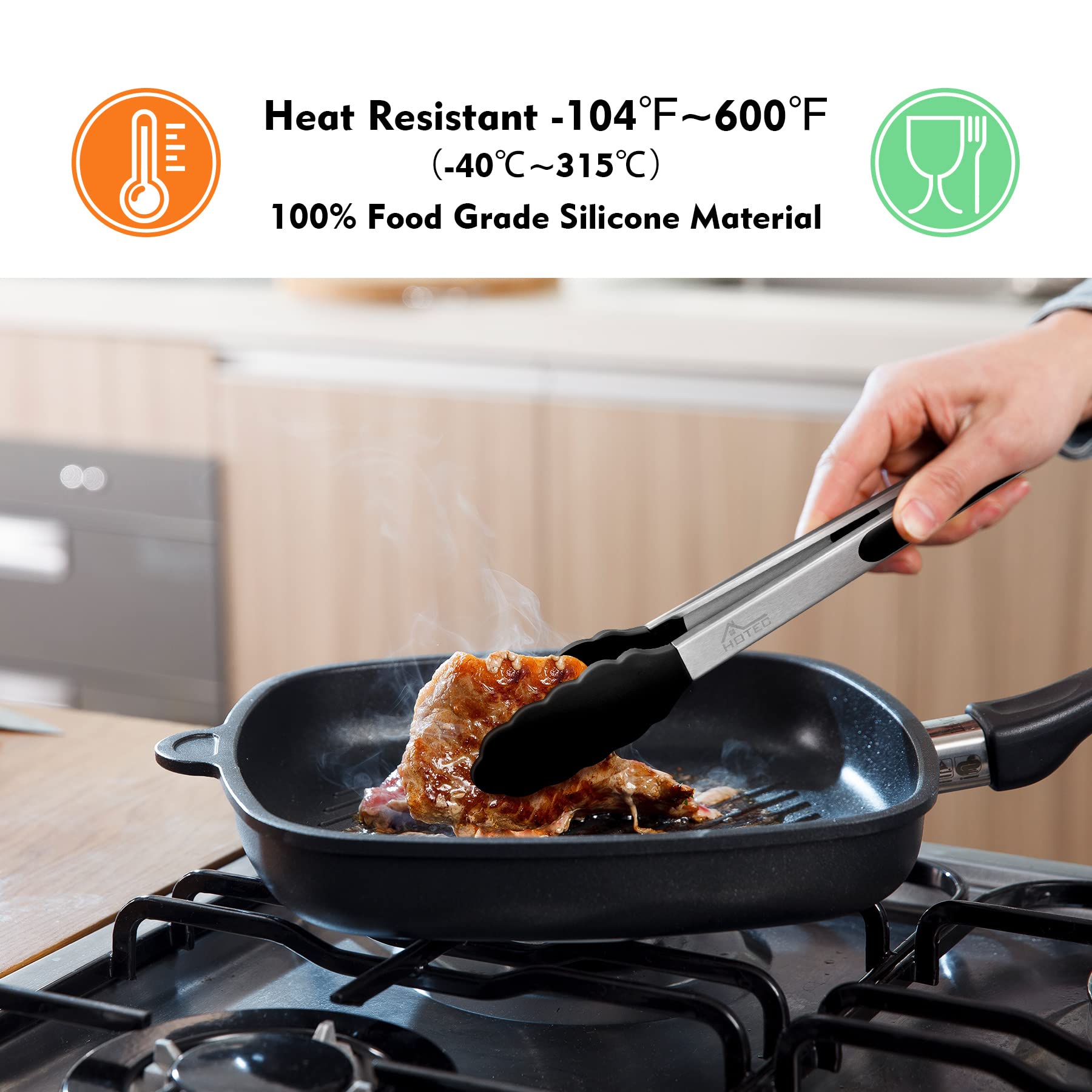HOTEC Premium Stainless Steel Locking Kitchen Tongs with Silicon Tips, Set of 2-9" and 12" - CookCave