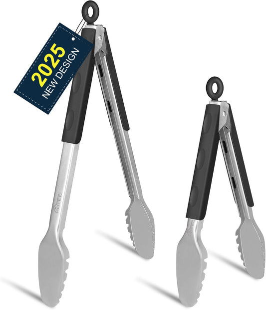 Hotec Stainless Steel Kitchen Tongs Grill Tongs Set of 2-9" and 12", Barbecue Tongs Locking Metal BBQ Kitchen Food Tongs for Cooking Non-Slip Grip - CookCave