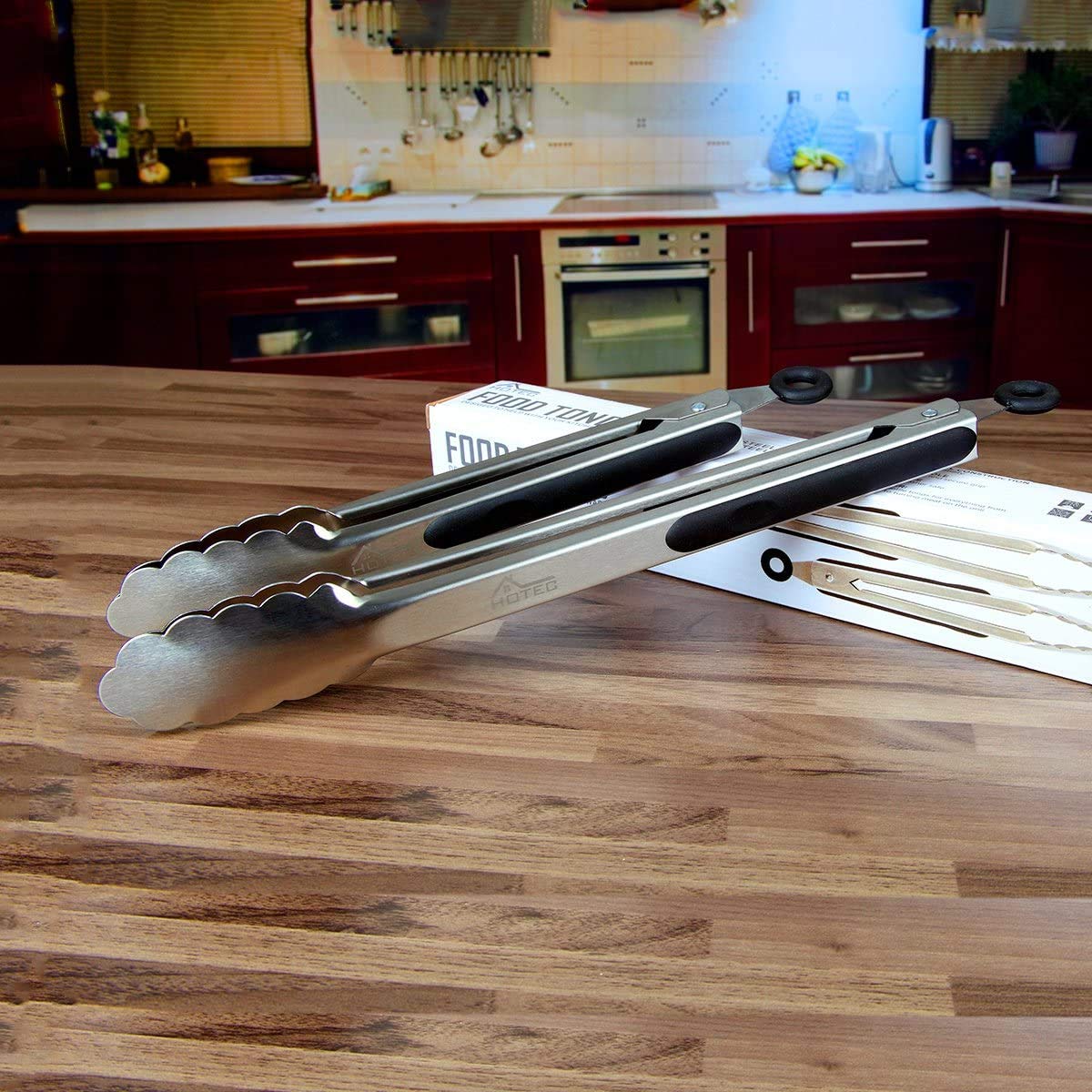 Hotec Stainless Steel Kitchen Tongs Set of 2 - 9" and 12", Locking Metal Food Tongs Non-Slip Grip - CookCave