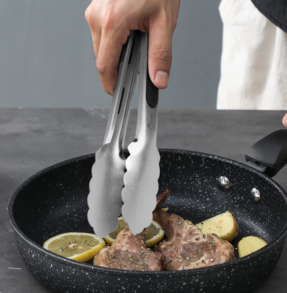 Hotec Stainless Steel Kitchen Tongs Set of 2 - 9" and 12", Locking Metal Food Tongs Non-Slip Grip - CookCave