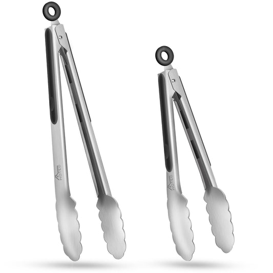 Hotec Stainless Steel Kitchen Tongs Set of 2 - 9" and 12", Locking Metal Food Tongs Non-Slip Grip - CookCave