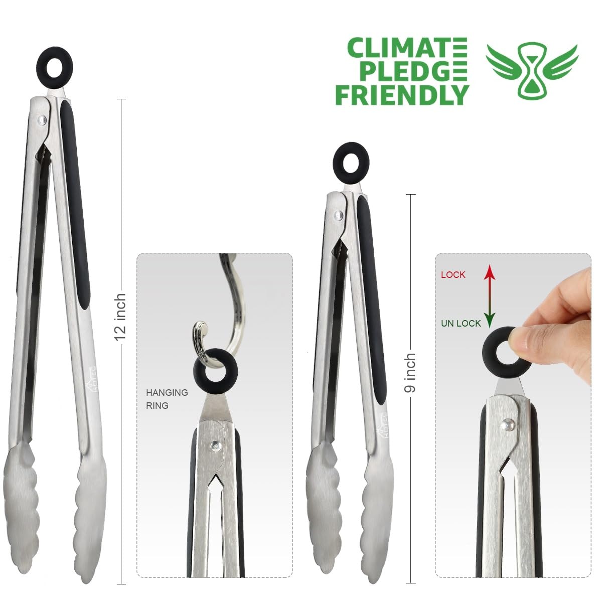 Hotec Stainless Steel Kitchen Tongs Set of 2 - 9" and 12", Locking Metal Food Tongs Non-Slip Grip - CookCave