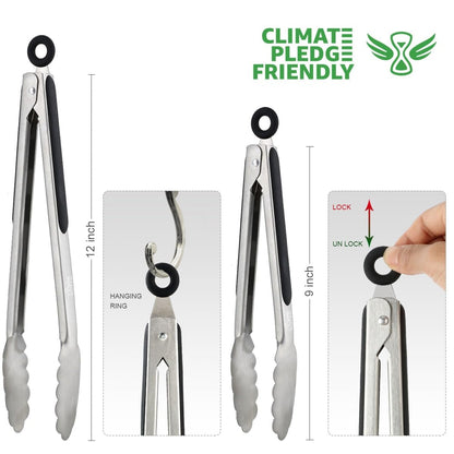 Hotec Stainless Steel Kitchen Tongs Set of 2 - 9" and 12", Locking Metal Food Tongs Non-Slip Grip - CookCave