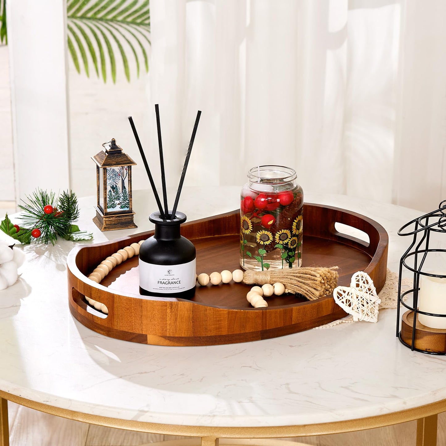 HouseJoy Acacia Wood Serving Tray with Handles, Decorative Ottoman Tray Platter for Breakfast in Bed, Living Room, Coffee Table, Lunch, Dinner, Bathroom, Candle Display,16.5"x13" - CookCave