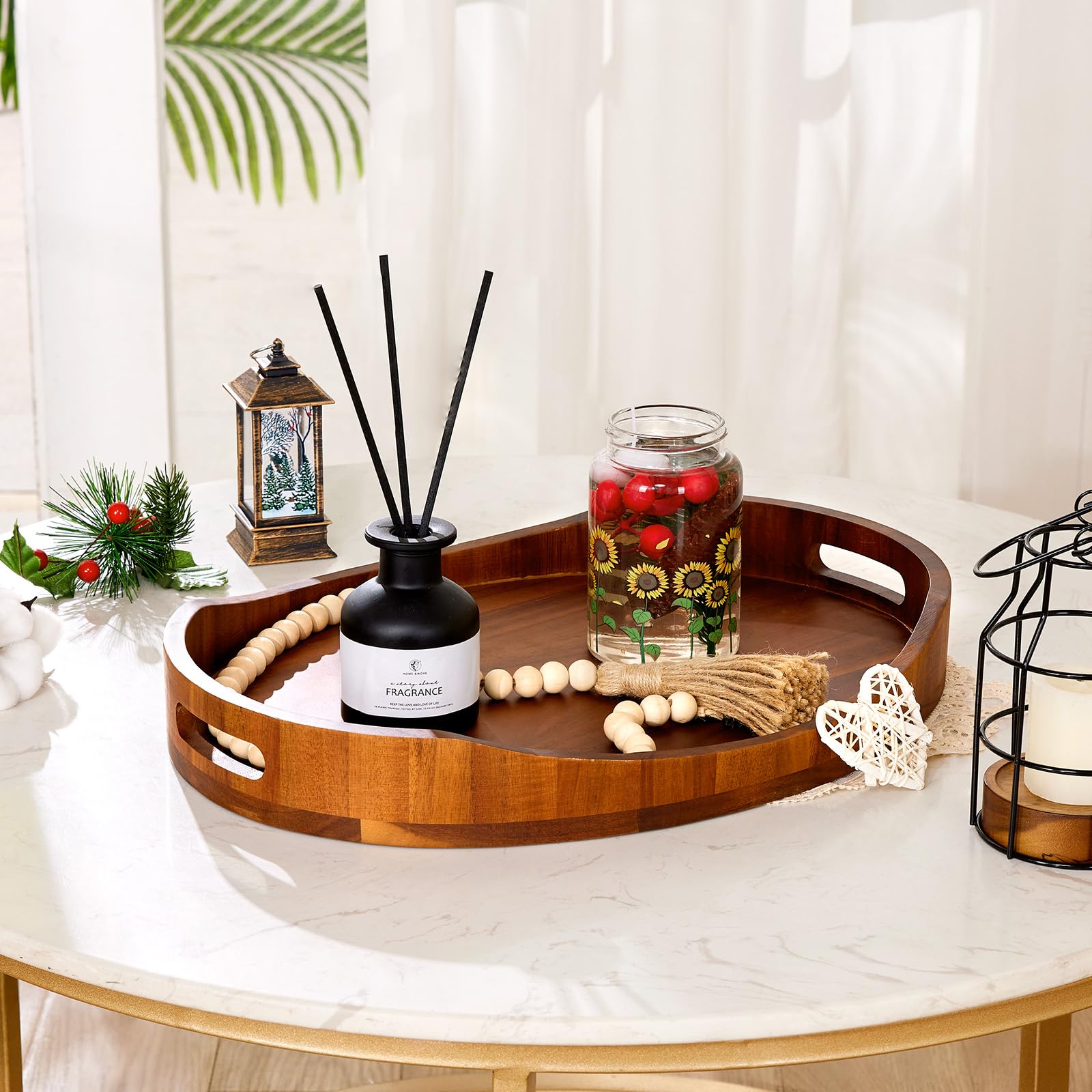 HouseJoy Acacia Wood Serving Tray with Handles, Decorative Ottoman Tray Platter for Breakfast in Bed, Living Room, Coffee Table, Lunch, Dinner, Bathroom, Candle Display,16.5"x13" - CookCave