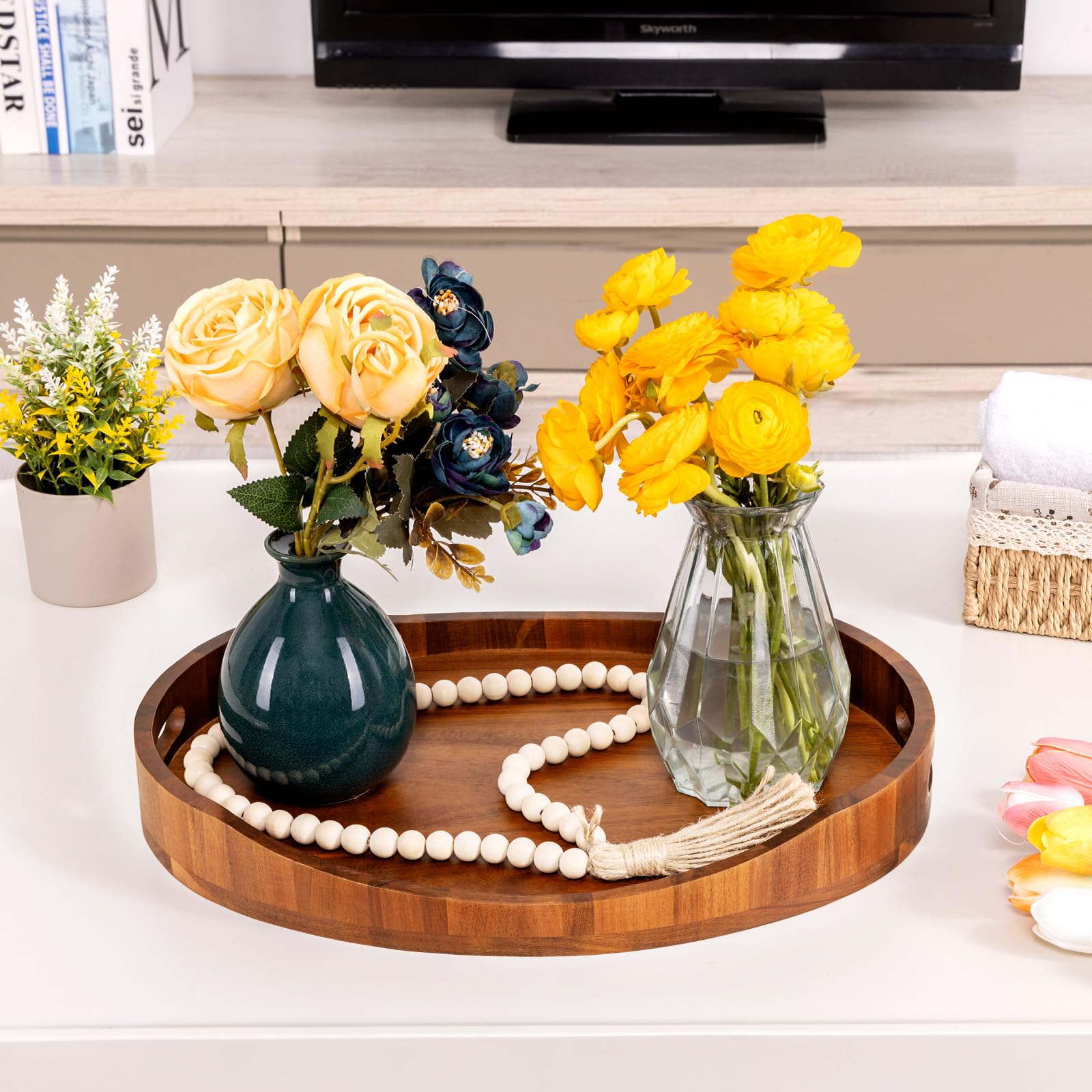 HouseJoy Acacia Wood Serving Tray with Handles, Decorative Ottoman Tray Platter for Breakfast in Bed, Living Room, Coffee Table, Lunch, Dinner, Bathroom, Candle Display,16.5"x13" - CookCave