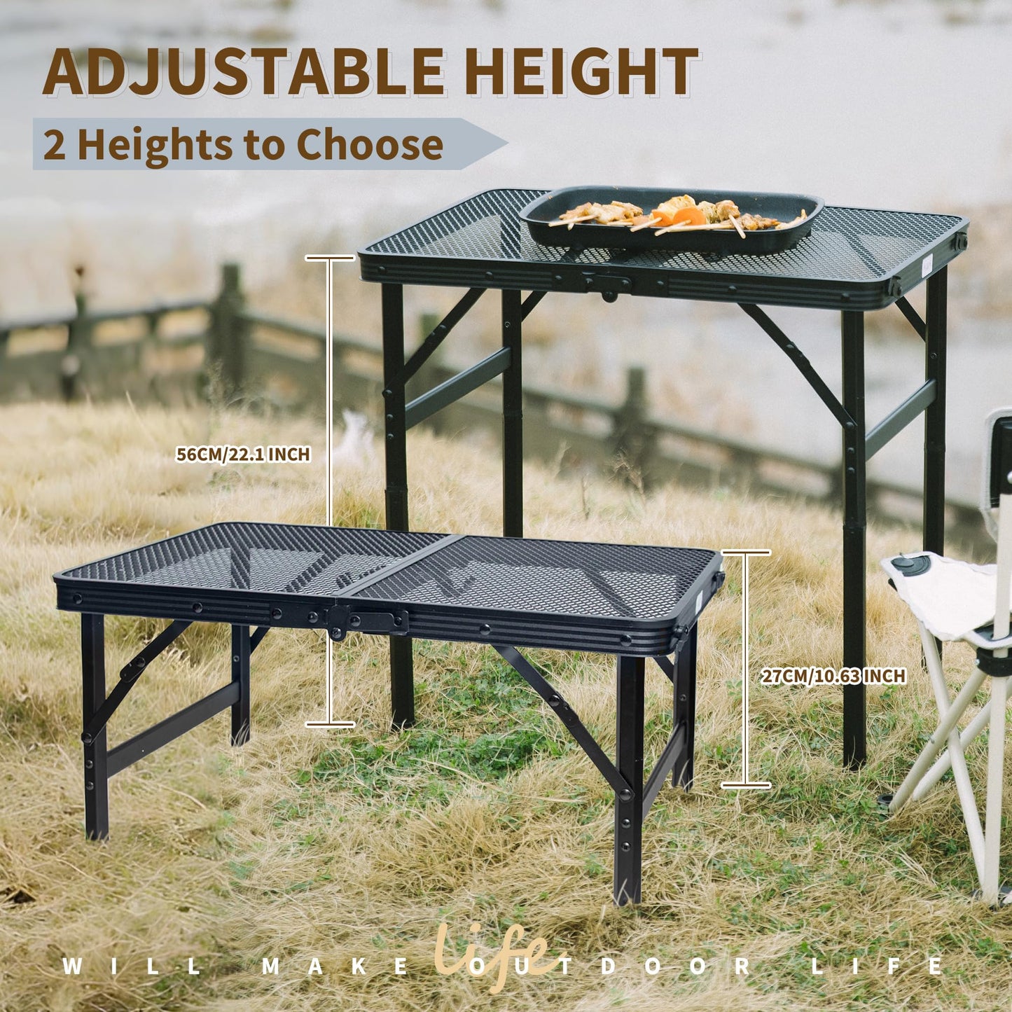 HPC Decor Folding Grill Table-Camping Table with Mesh Desktop,Portable Picnic Table with Carry Handle,27/56cm Height Adjustable Metal Table-Outdoor Grill Table,Folding Table for Outside Inside Use. - CookCave