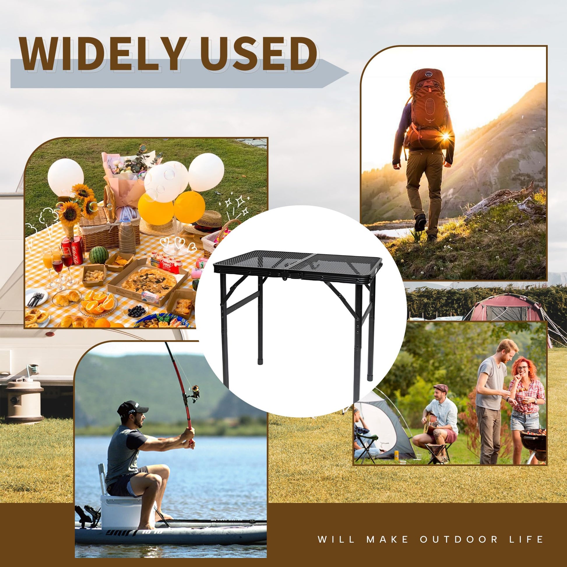 HPC Decor Folding Grill Table-Camping Table with Mesh Desktop,Portable Picnic Table with Carry Handle,27/56cm Height Adjustable Metal Table-Outdoor Grill Table,Folding Table for Outside Inside Use. - CookCave