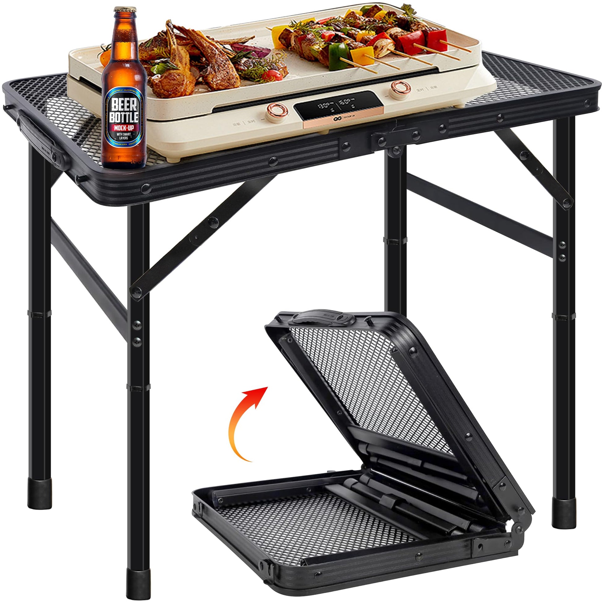 HPC Decor Folding Grill Table-Camping Table with Mesh Desktop,Portable Picnic Table with Carry Handle,27/56cm Height Adjustable Metal Table-Outdoor Grill Table,Folding Table for Outside Inside Use. - CookCave