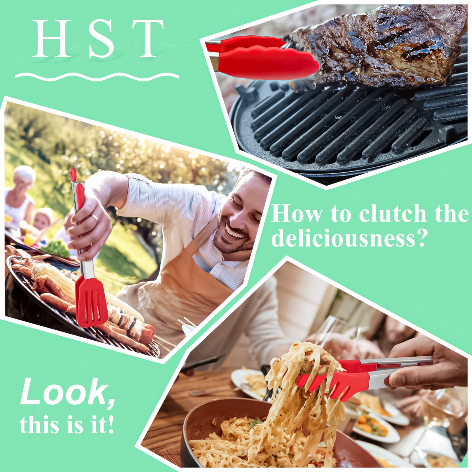 HST 3 Pack Kitchen Tongs, Non Stick Stainless Steel 9 Inch Tongs With Silicone Tip for Cooking BBQ Baking(Red) - CookCave