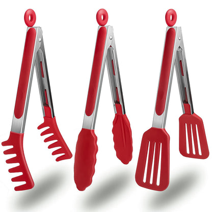 HST 3 Pack Kitchen Tongs, Non Stick Stainless Steel 9 Inch Tongs With Silicone Tip for Cooking BBQ Baking(Red) - CookCave