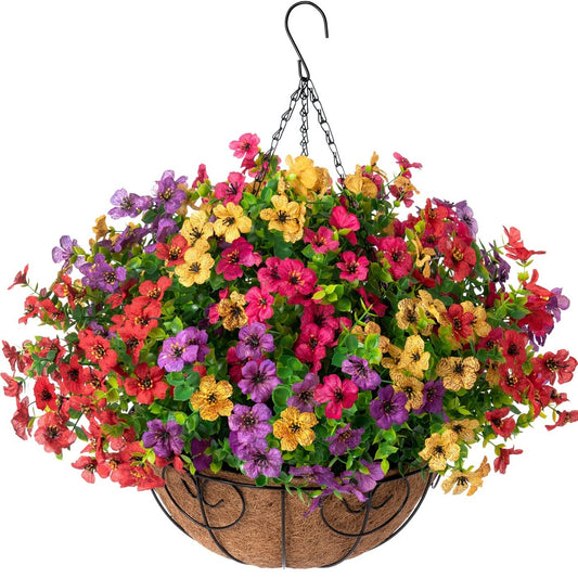 HyeFlora Artificial Faux Hanging Plants Flowers Basket for Summer Outdoor Outside Decoration, Fake Silk UV Sun Resistant Look Real Colorful Daisy Eucalyptus for Porch Home Patio Balcony Yard - CookCave