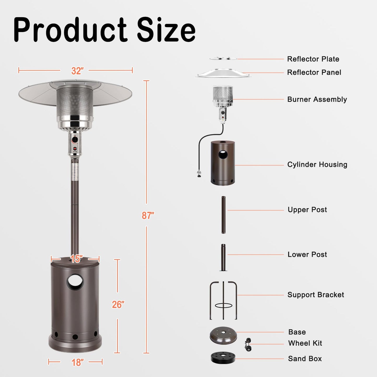 Hykolity 50,000 BTU Patio Heater with Sand Box, Table Design, Double-Layer Stainless Steel Burner, Wheels, Tip-over Protection System, Outdoor Heater for Home and Residential, Brown - CookCave