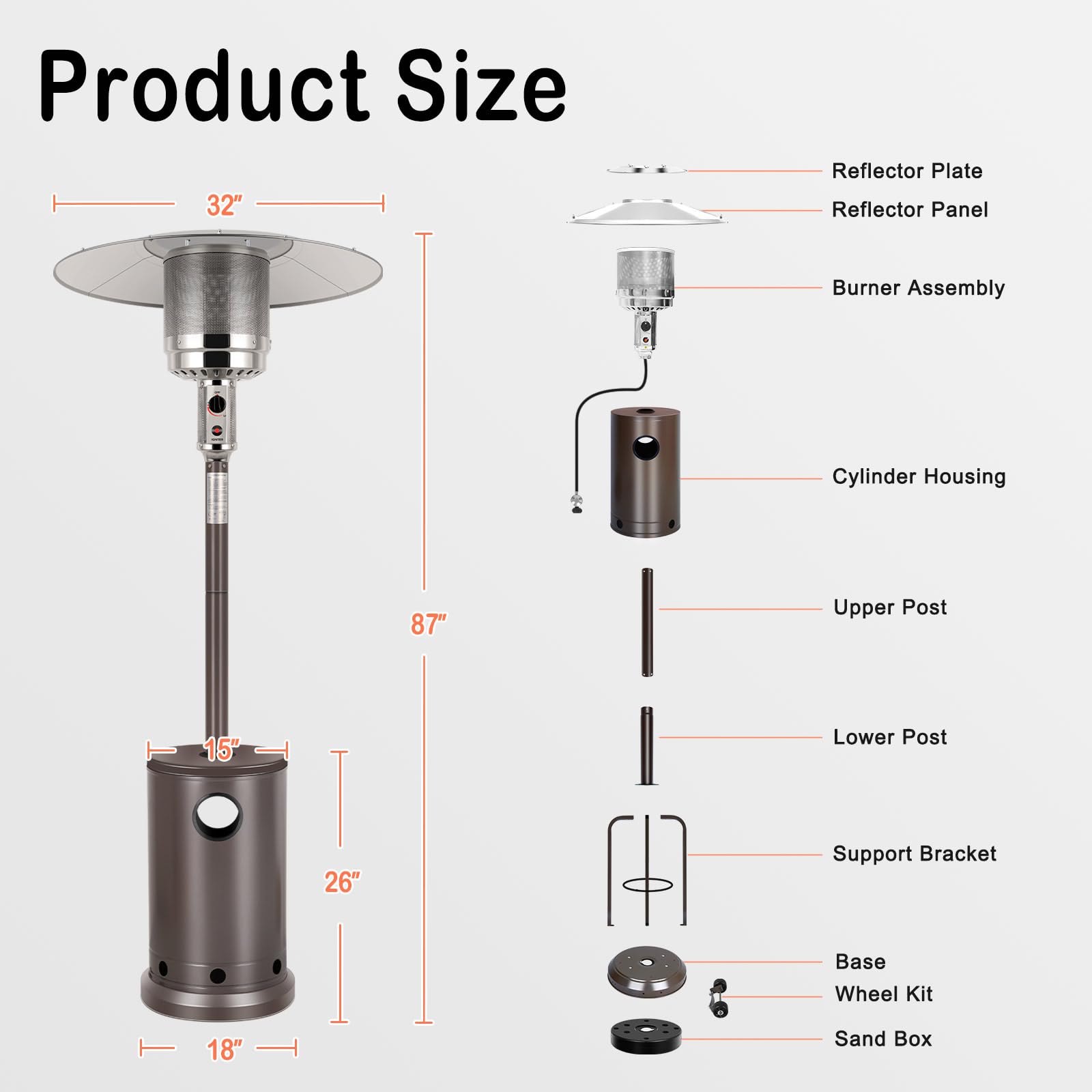 Hykolity 50,000 BTU Patio Heater with Sand Box, Table Design, Double-Layer Stainless Steel Burner, Wheels, Tip-over Protection System, Outdoor Heater for Home and Residential, Brown - CookCave
