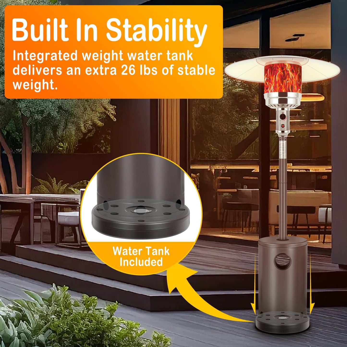 Hykolity 50,000 BTU Patio Heater with Sand Box, Table Design, Double-Layer Stainless Steel Burner, Wheels, Tip-over Protection System, Outdoor Heater for Home and Residential, Brown - CookCave