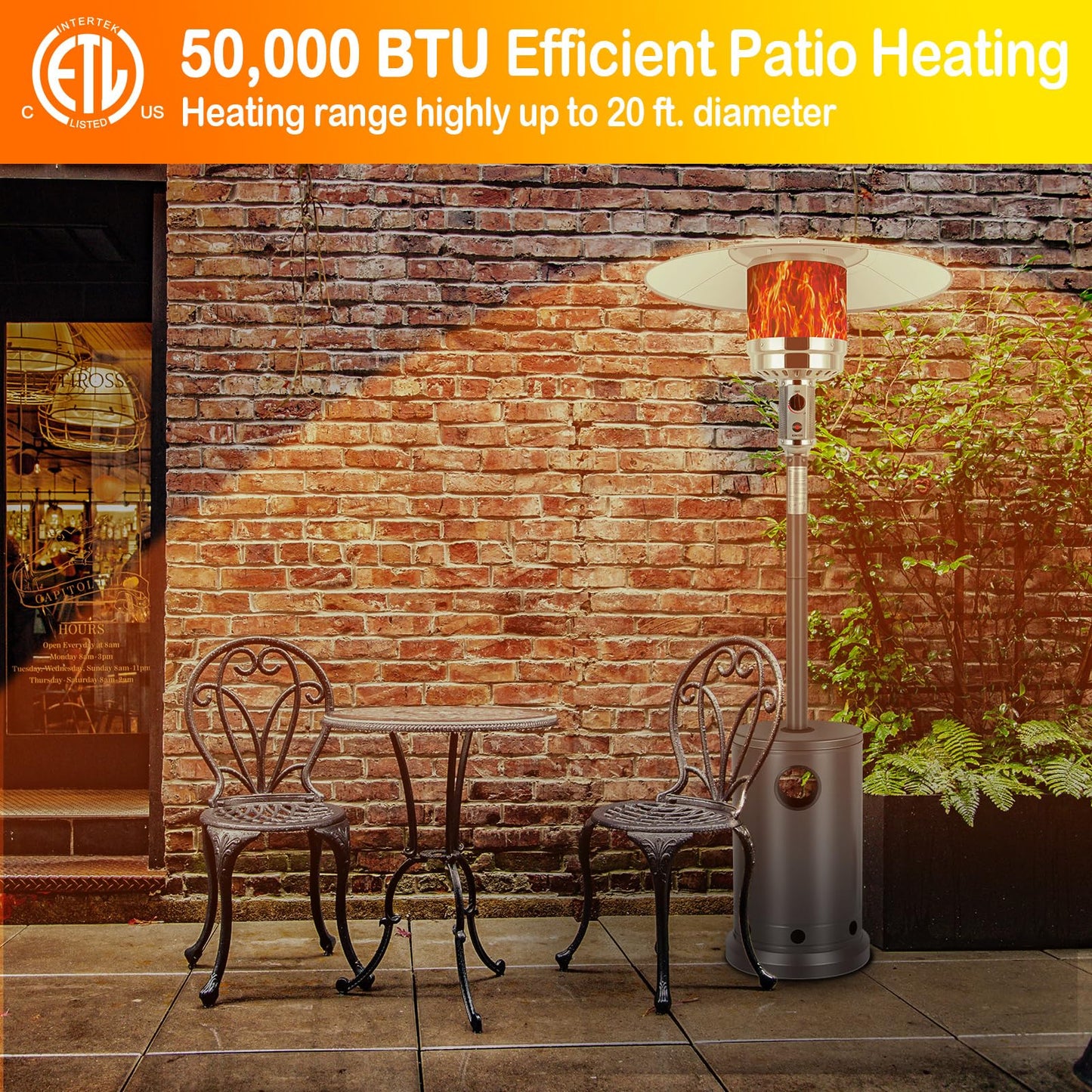 Hykolity 50,000 BTU Patio Heater with Sand Box, Table Design, Double-Layer Stainless Steel Burner, Wheels, Tip-over Protection System, Outdoor Heater for Home and Residential, Brown - CookCave