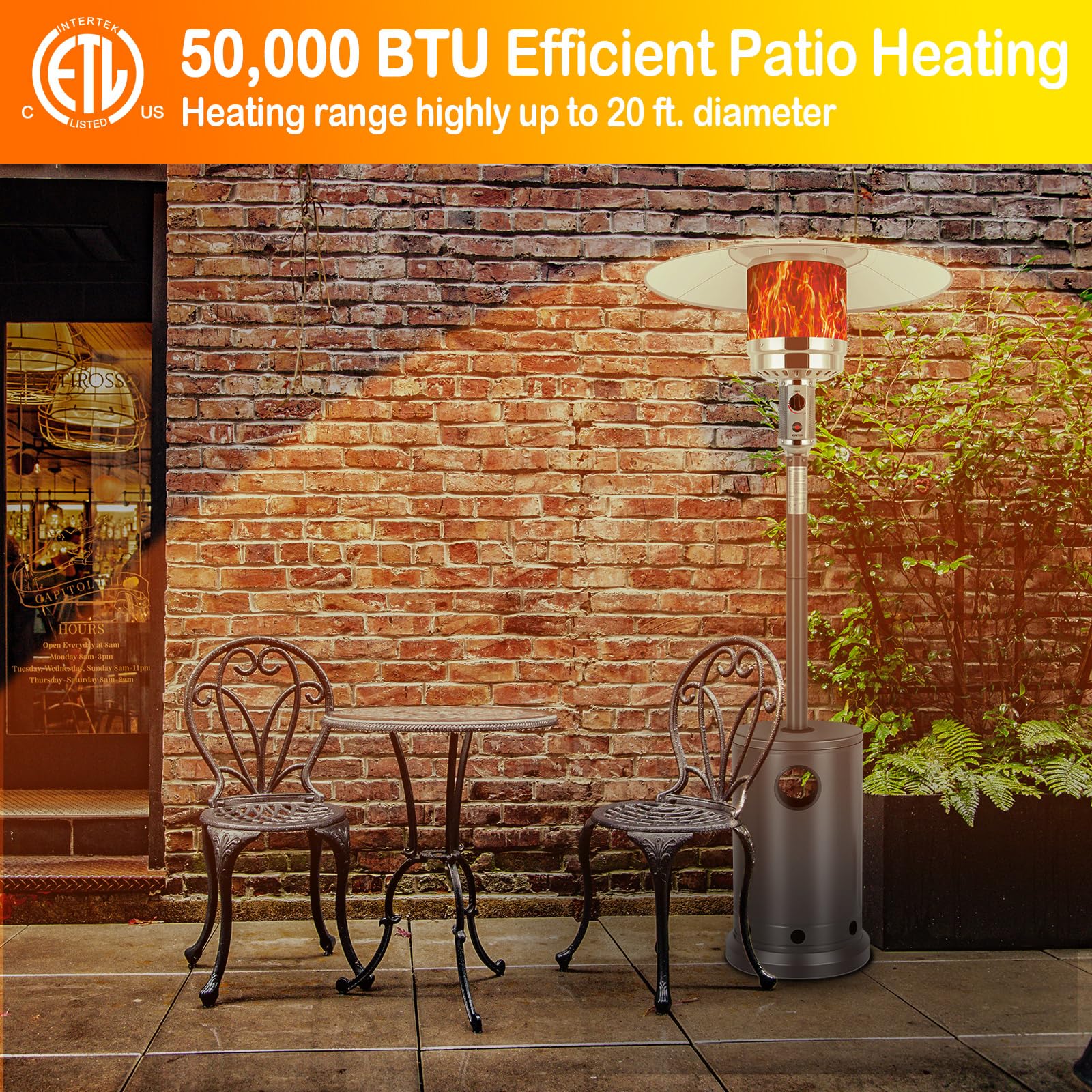 Hykolity 50,000 BTU Patio Heater with Sand Box, Table Design, Double-Layer Stainless Steel Burner, Wheels, Tip-over Protection System, Outdoor Heater for Home and Residential, Brown - CookCave