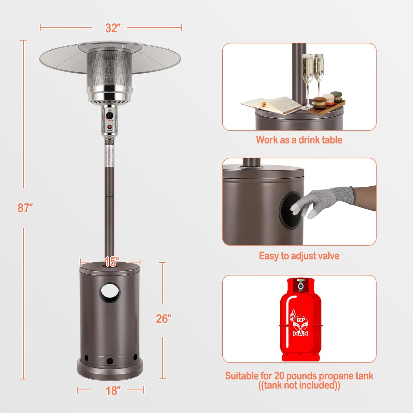 Hykolity 50,000 BTU Propane Patio Heater with Table Design, Stainless Steel Burner, Triple Protection System, Wheels, Outdoor Heaters for Patio, Garden, Commercial and Residentia(Brown) - CookCave