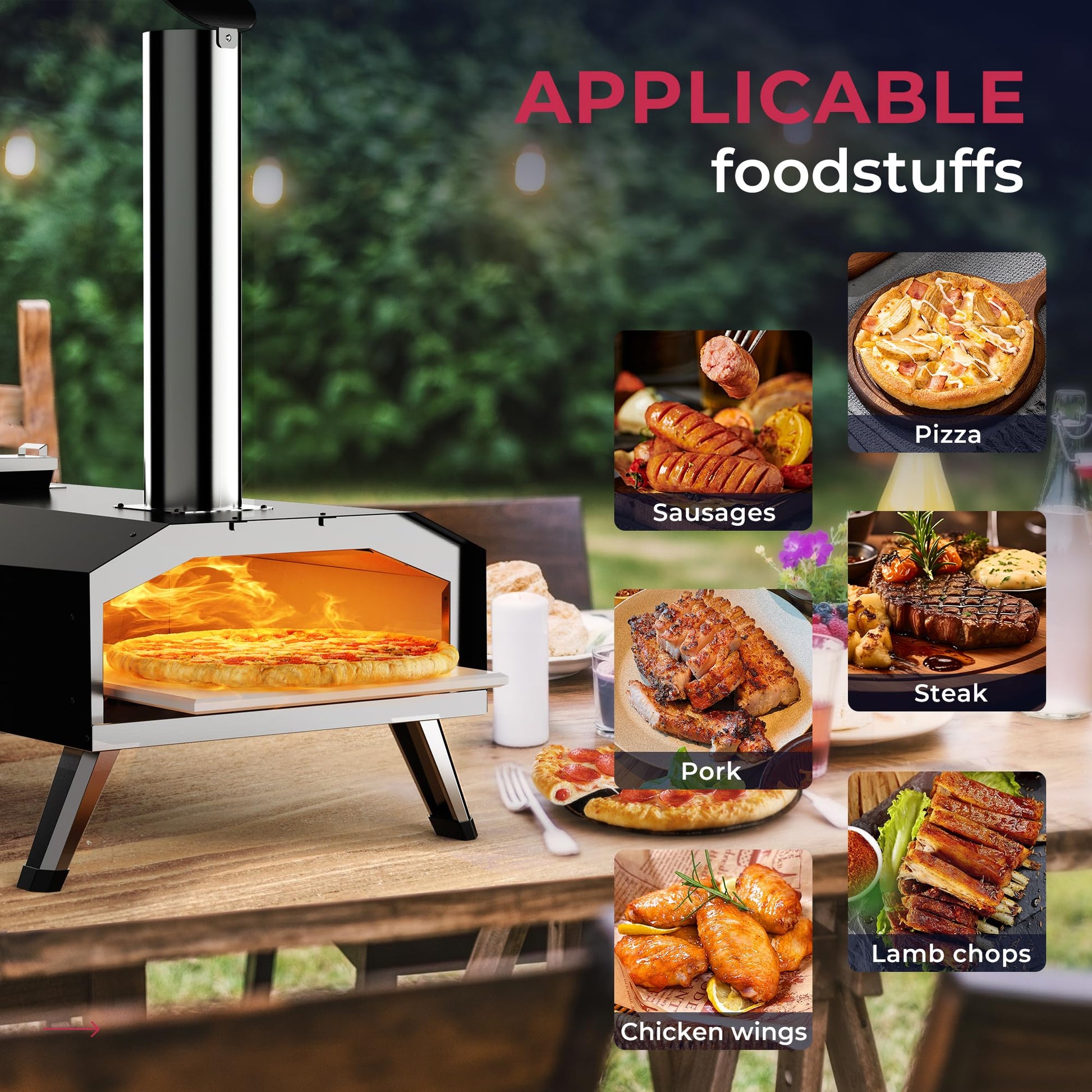 Icyglee 12" Wood Pellet Outdoor Pizza Oven,Wood Fired Portable Pizza Maker with Pizza Stone, Countertop Pizza Grill for Backyard and Outside, Black - CookCave