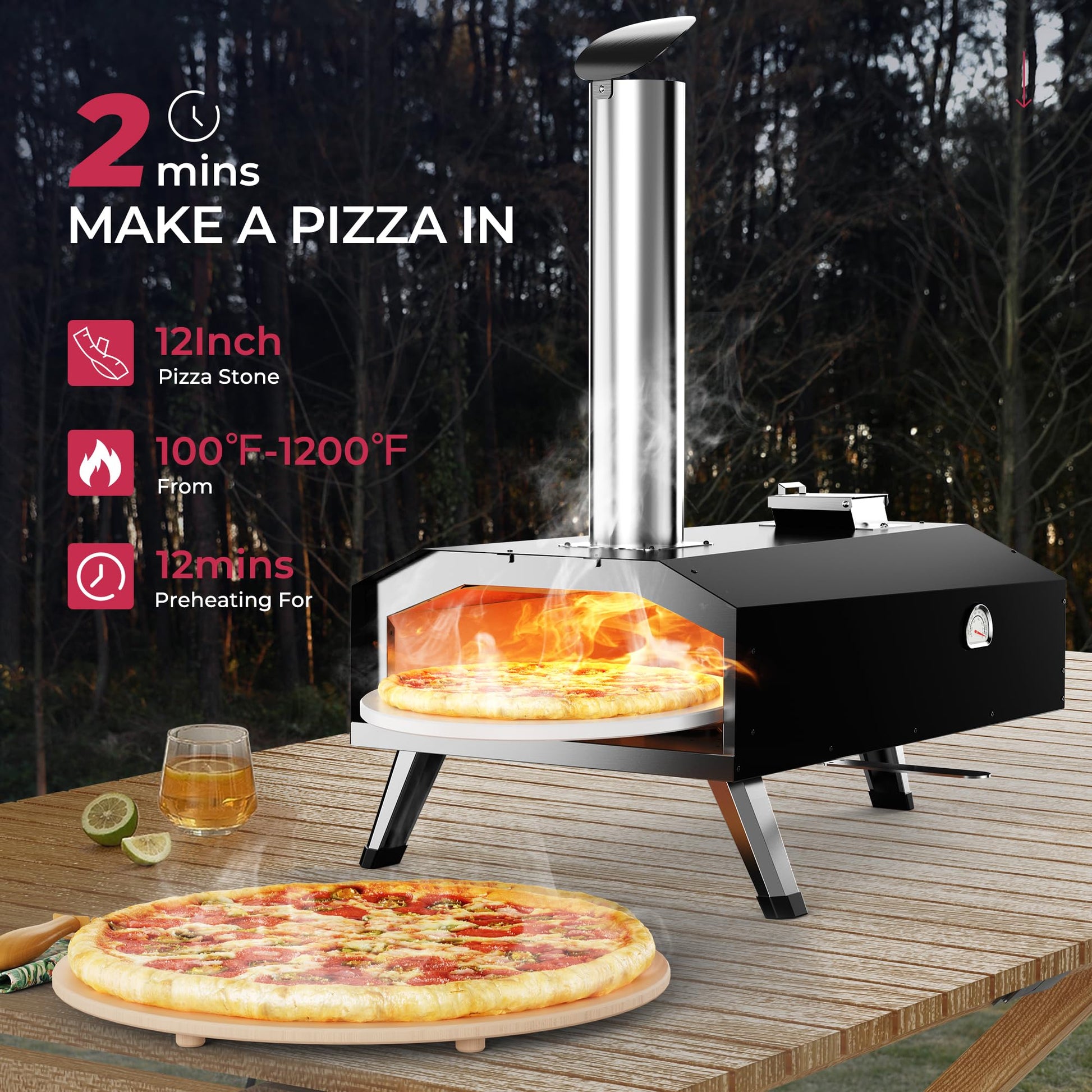 Icyglee 12" Wood Pellet Outdoor Pizza Oven,Wood Fired Portable Pizza Maker with Rotatable Pizza Stone, Countertop Pizza Grill for Backyard and Outside, Black - CookCave
