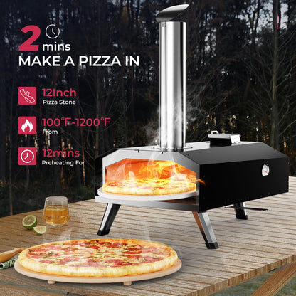 Icyglee 12" Wood Pellet Outdoor Pizza Oven,Wood Fired Portable Pizza Maker with Rotatable Pizza Stone, Countertop Pizza Grill for Backyard and Outside, Black - CookCave