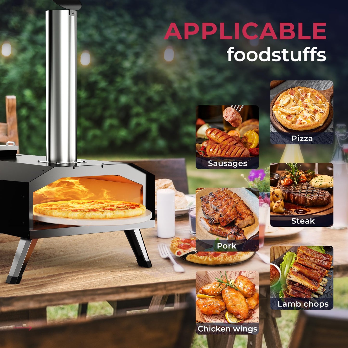 Icyglee 12" Wood Pellet Outdoor Pizza Oven,Wood Fired Portable Pizza Maker with Rotatable Pizza Stone, Countertop Pizza Grill for Backyard and Outside, Black - CookCave